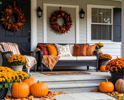 Newly constructed home with a fall decorated front porch - We Finish Basements